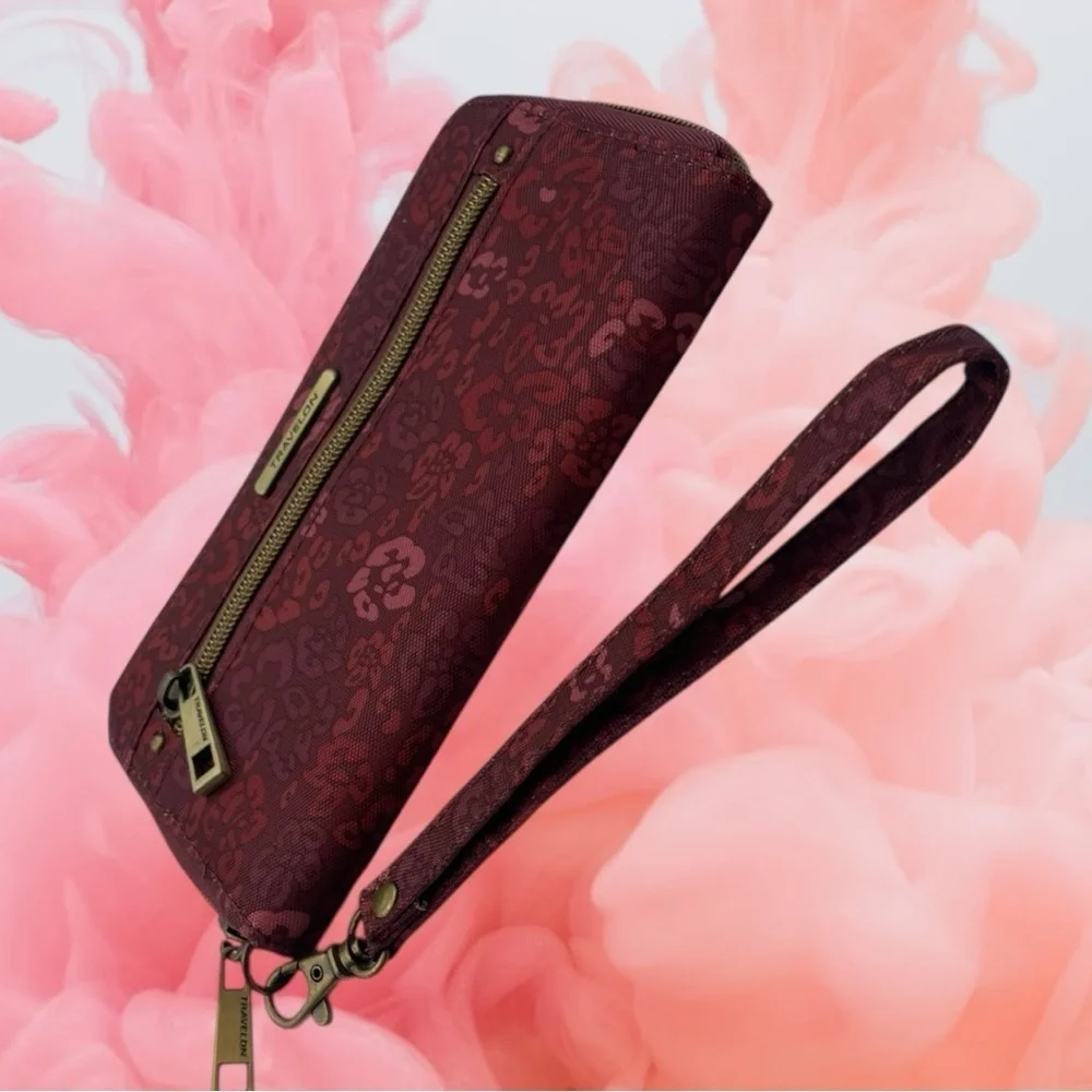 Travelon RFID Blocking Single Zip Wallet Floral Burgundy Rose Design